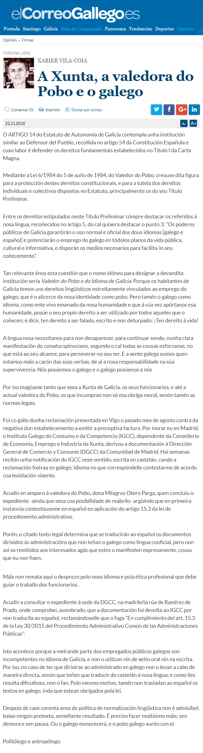 Artigo de Xabier Vila-Coia publicado en El Correo Gallego o 22 de novembro de 2018, titulado "A Xunta, a Valedora do Pobo e o galego".
