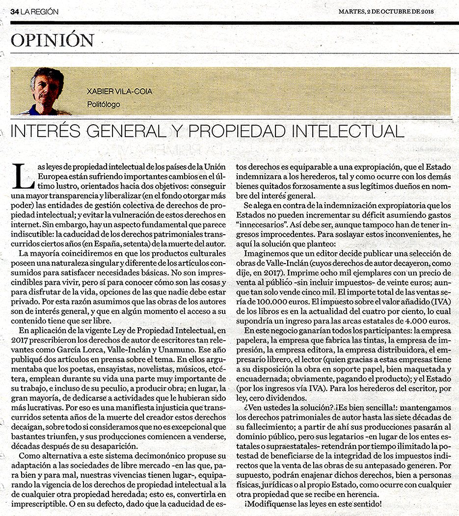 Artículo de Xabier Vila-Coia, titulado "Interés general y propiedad intelectual", publicado en varios diarios en octubre de 2018.