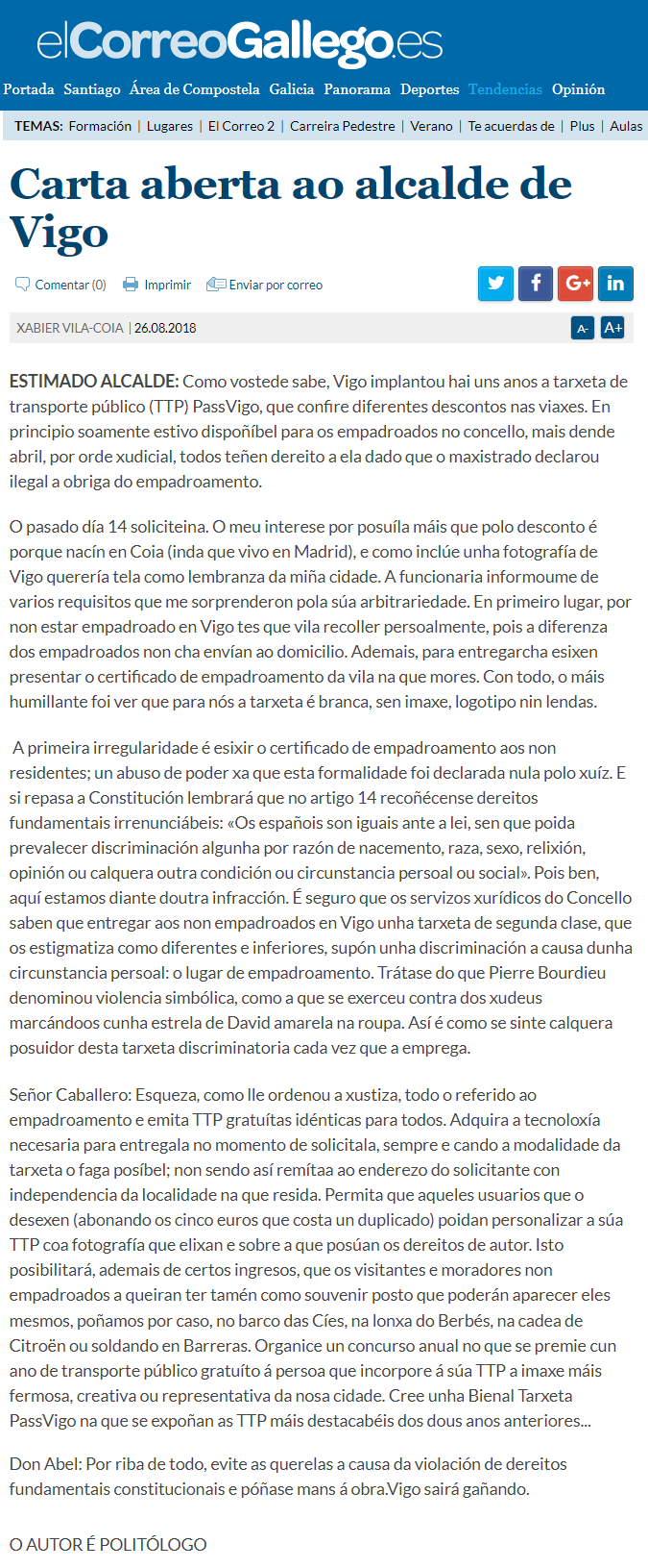 Carta aberta de Xabier Vila-Coia ao alcalde de Vigo. Publicada en El Correo Gallego o 26 de agosto do 2018.