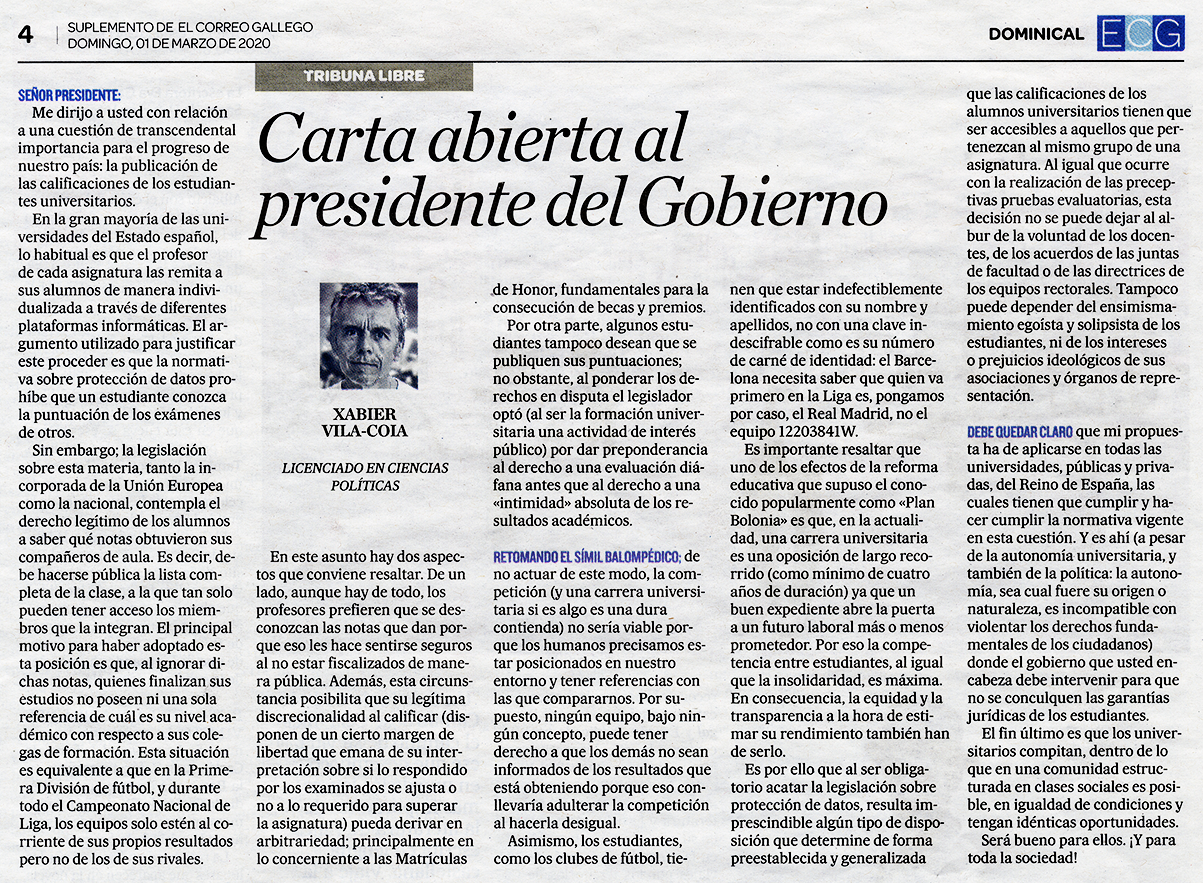 Carta abierta de Xabier Vila-Coia al Presidente del Gobierno, publicada en los diarios El Correo Gallego y Atlántico, el 1 de marzo de 2020.