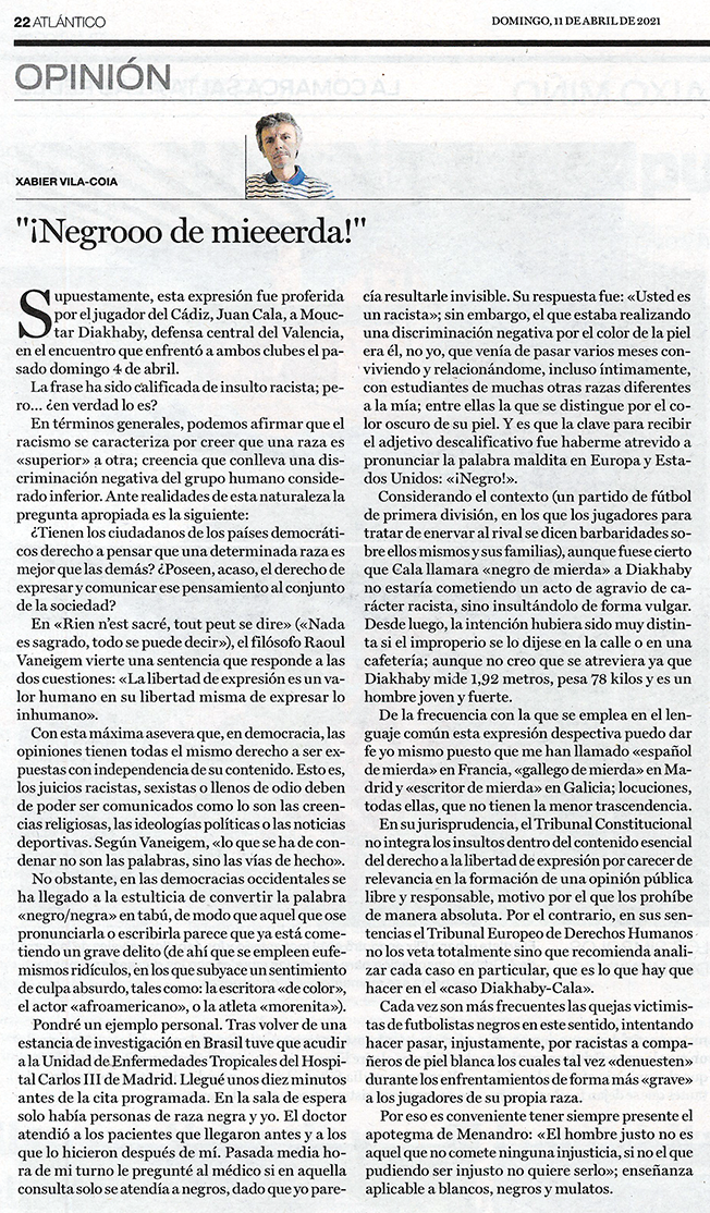 Artículo de Xabier Vila-Coia titulado "Negrooo de mieeerda!, publicado en Atlántico Diario y La Región en abril de 2020
