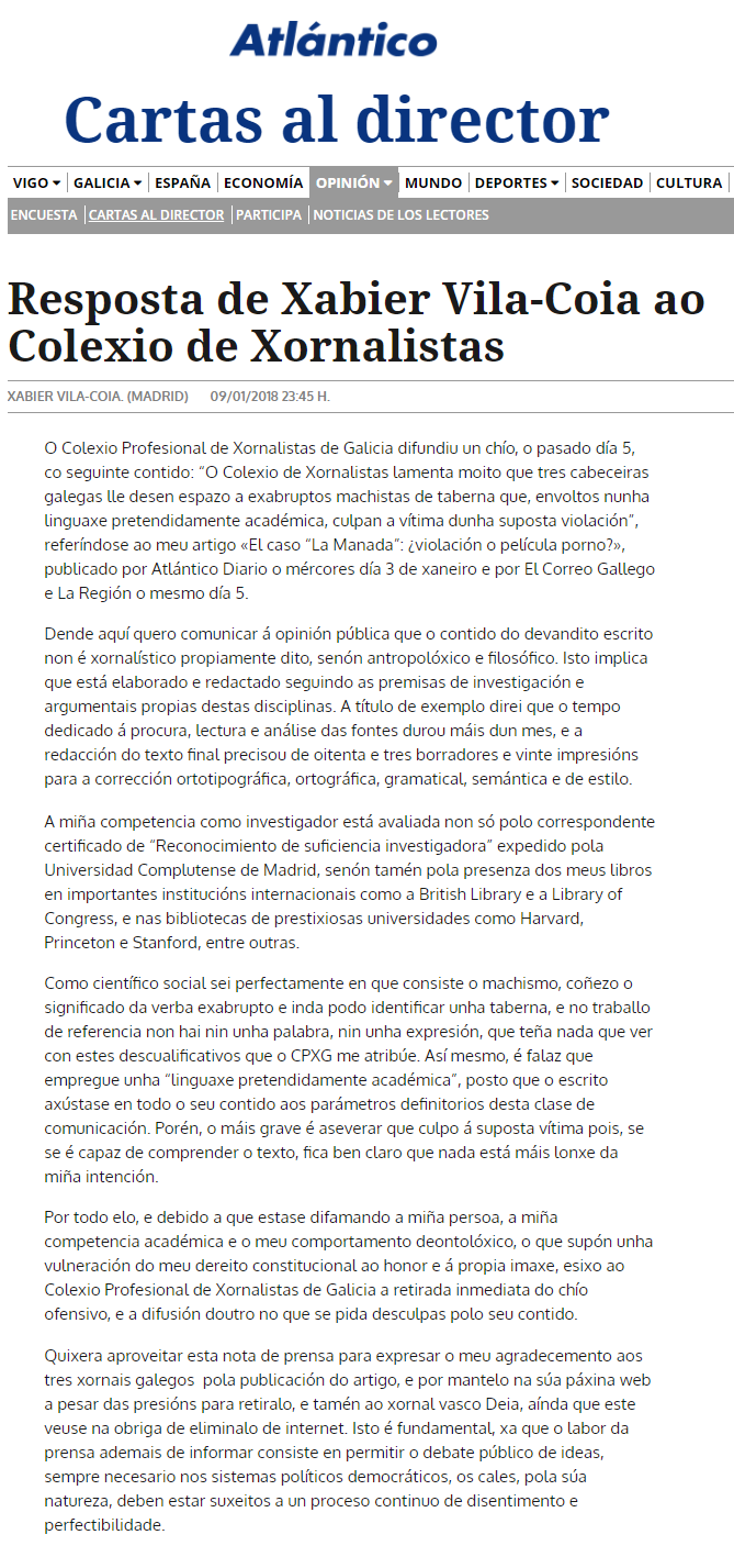 Respuesta de Xabier Vila-Coia al “Colexio Profesional de Xornalistas de Galicia”