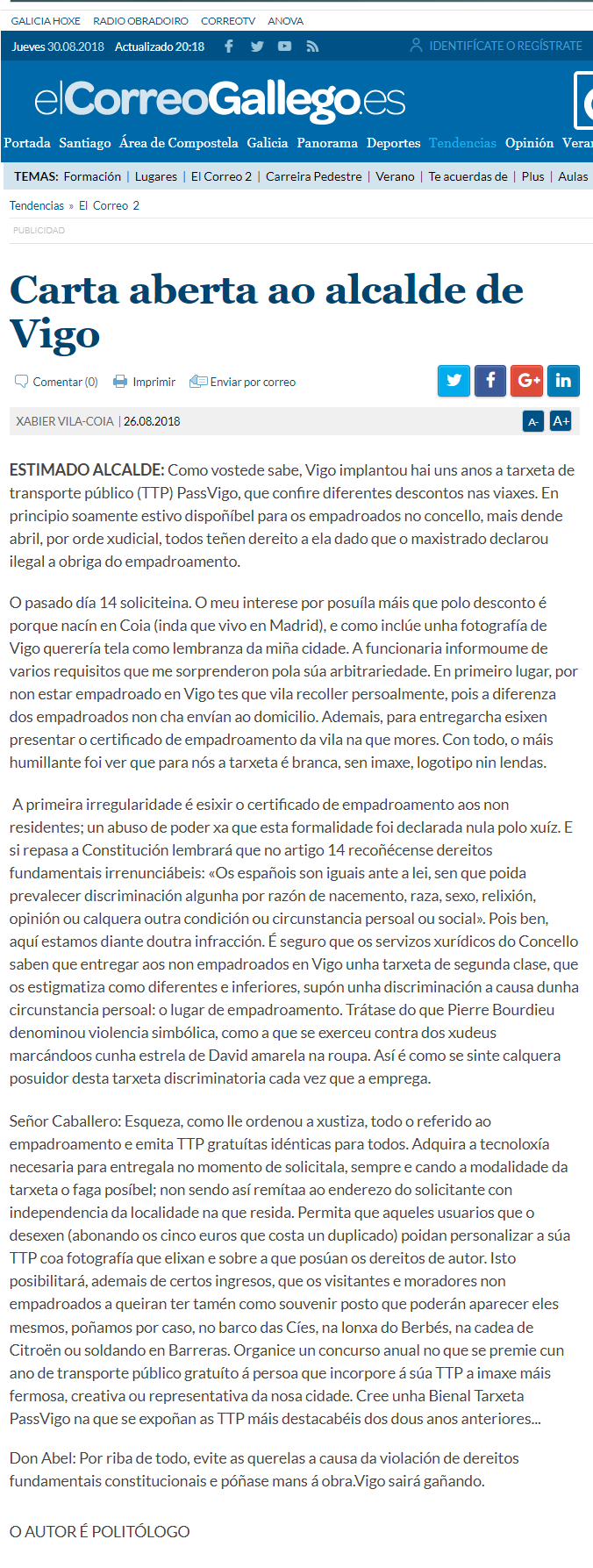 Sobre a Passvigo/Carta aberta ao alcalde de Vigo.
