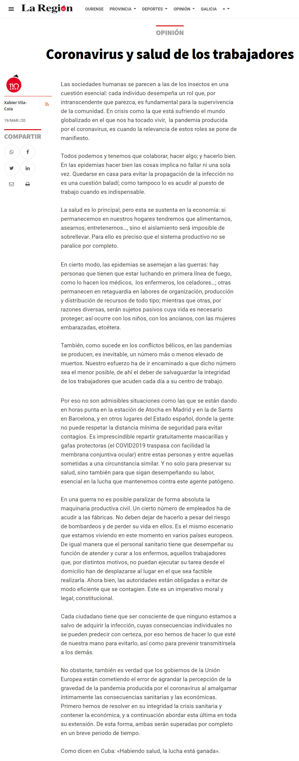 Artículo de opinión de Xabier Vila-Coia titulado "Coronavirus y salud de los trabajadores", publicado en el diario "La Región" o 19 de marzo de 2020.