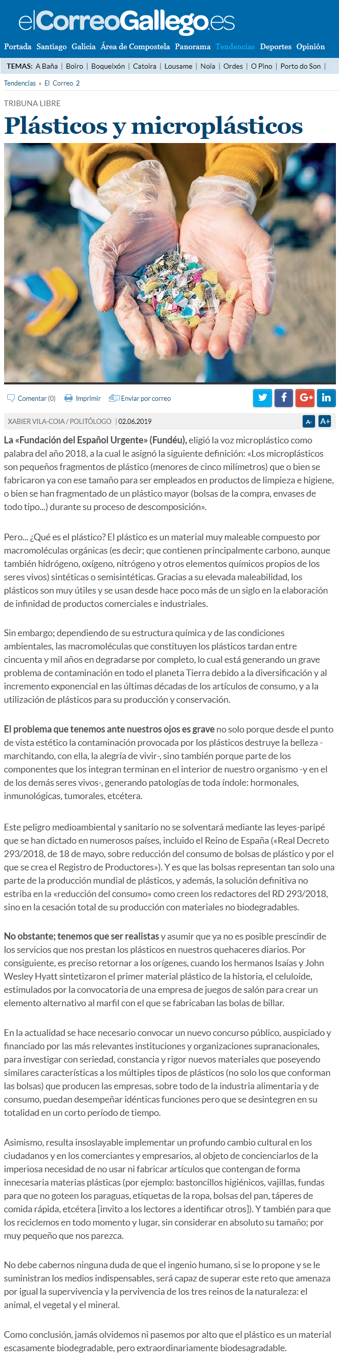 Artículo de opinión de Xabier Vila-Coia, titulado "Plásticos y microplásticos", publicado en varios diarios en mayo y junio de 2019.