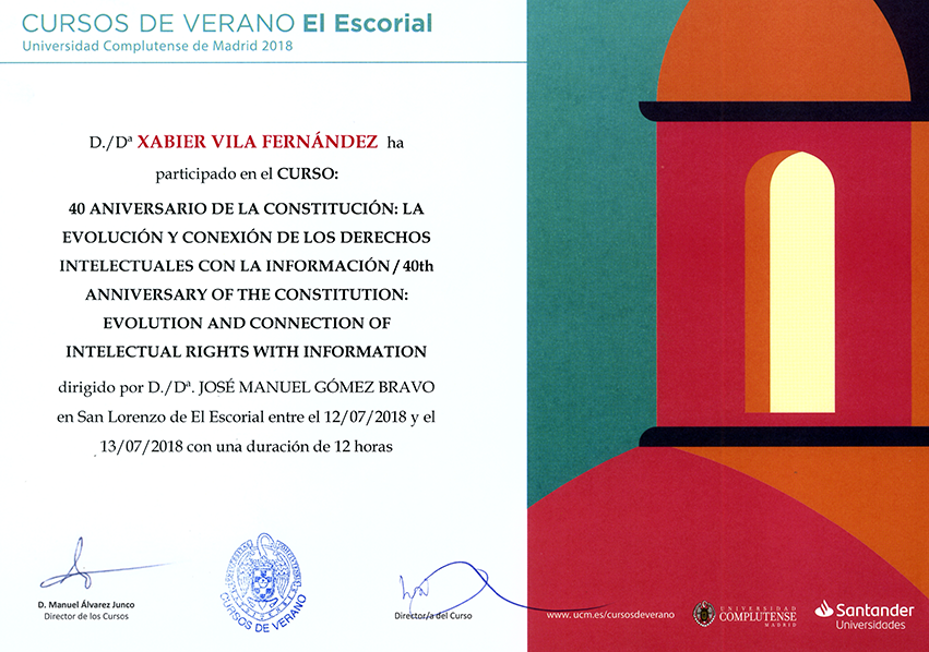 Certificado Curso 40 Aniversario de la Constitución: derechos intelectuales e información  