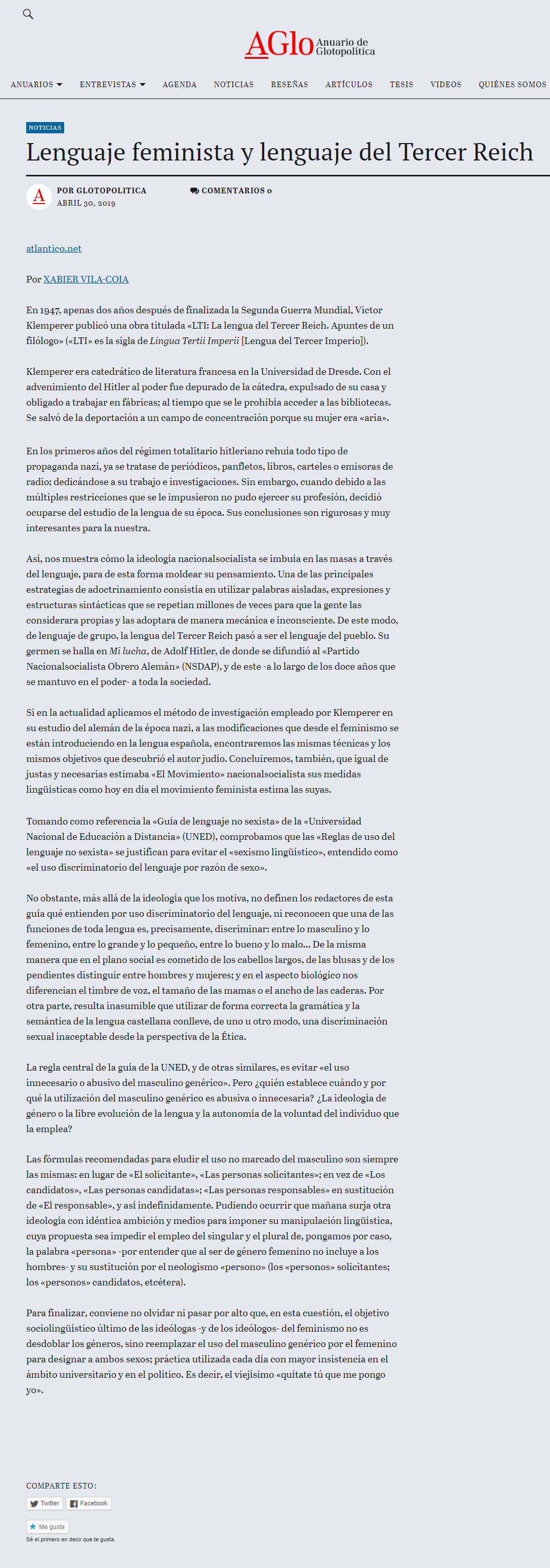 Reproducción en el Anuario de Glotopolítica, del artículo de Xabier Vila-Coia titulado "Lenguaje feminista y lenguaje del Tercer Reich".