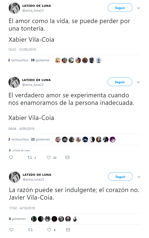 Citas en Twitter, en la cuenta de Anna Luna, del libro de Xabier Vila-Coia "213 Aforistmos para el siglo veintiuno"