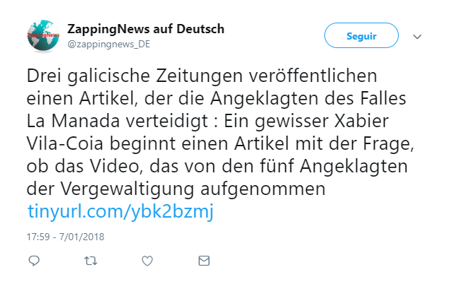 Cita en la cuenta de ZappingNews auf Deutsch del artículo de Xabier Vila-Coia publicado en cinco diarios titulado "El caso La Manada: ¿violación o película porno?