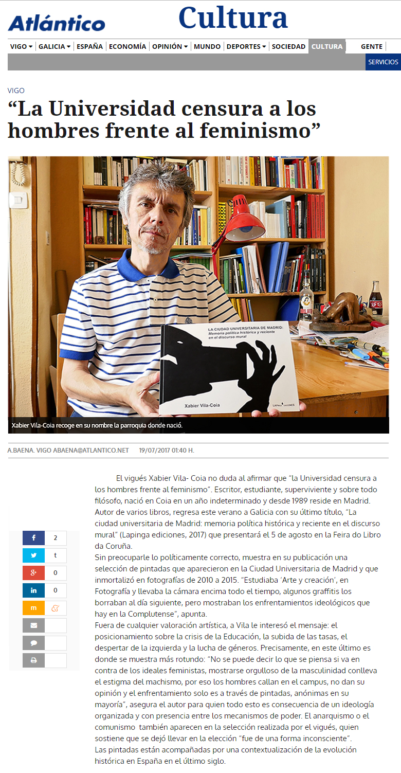Entrevista a Xabier Vila-Coia en Atlántico Diario sobre su libro "La Ciudad Universitaria de Madrid: memoria política histórica y reciente en el discurso mural".