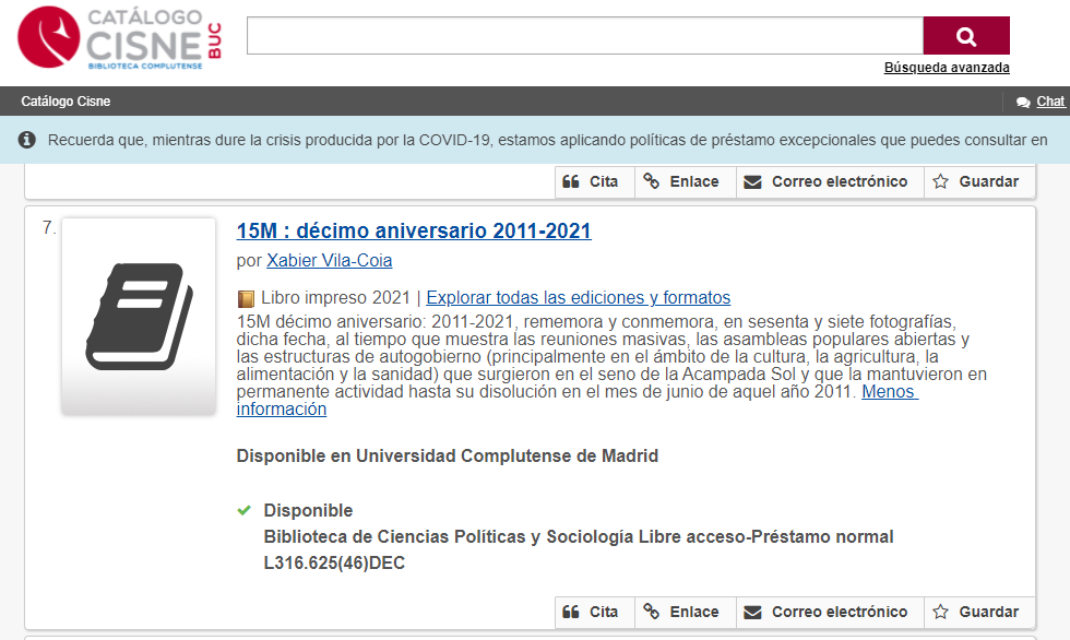 Catalogación do libro de Xabier Vila-Coia, titulado: "15M décimo aniversario: 2011-2021", na biblioteca da Facultade de Ciencias Políticas da Universidade Complutense de Madride.