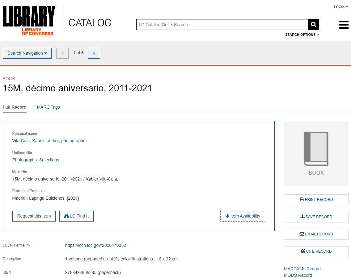 Catalogación do libro de Xabier Vila-Coia, titulado: "15M décimo aniversario: 2011-2021", na Library of Congress.