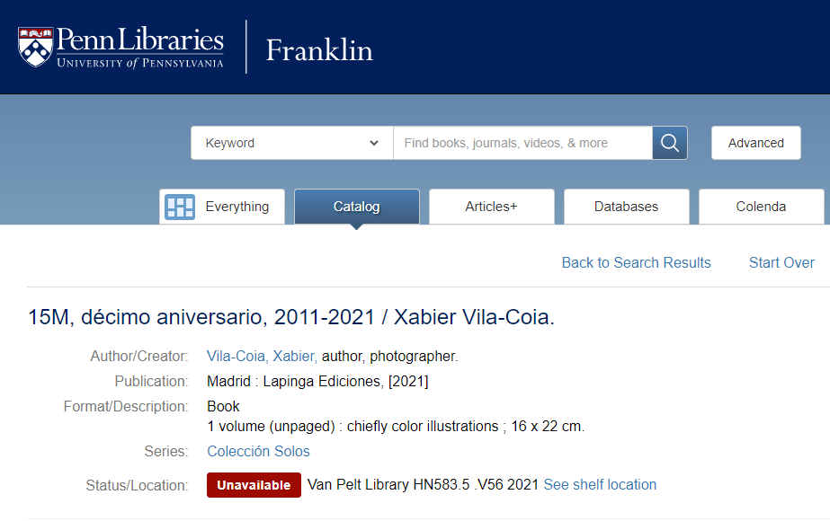 El libro de Xabier Vila-Coia, titulado "15M décimo aniversario: 2011-2021", adquirido por la University of Pennsylvania.