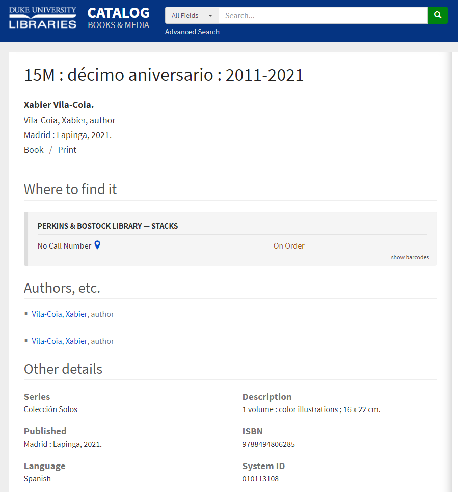 El libro de Xabier Vila-Coia, titulado "15M décimo aniversario: 2011-2021", adquirido por la Duke University.