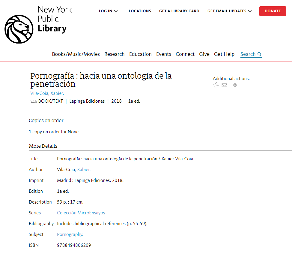 El libro de Xabier Vila-Coia, "Pornografía. Hacia una ontología de la penetración", en la New York Public Library