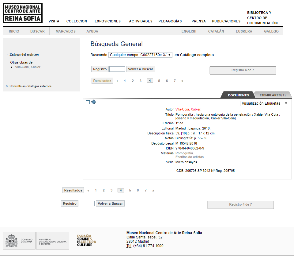 Datos y ubicación del libro de Xabier Vila-Coia, "Pornografía. Hacia una ontología de la penetración", en la biblioteca del Museo Nacional Centro de Arte Reina Sofía.