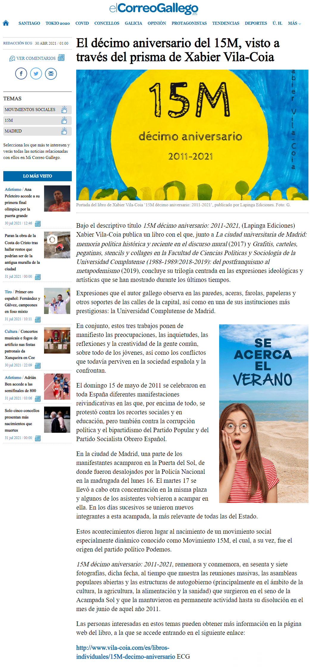 Recensión en "El Correo Gallego" do 30 de abril do 2021 do libro de Xabier Vila-Coia titulado: "15M décimo aniversario: 2011-2021".