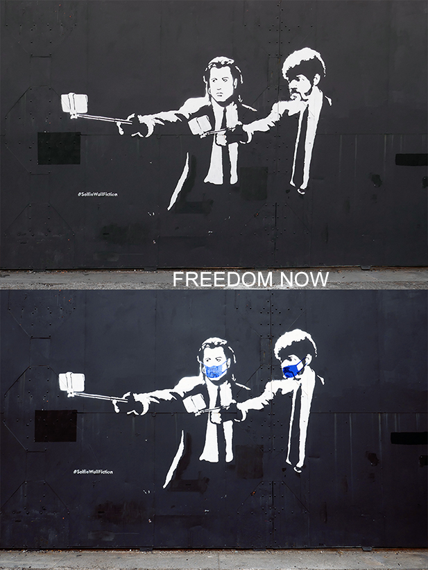 Obra de poesía visual de Xabier Vila-Coia, titulada "Freedom now". La temática es sobre el uso obligatorio de mascarillas con motivo de la pandemia de covid-19.