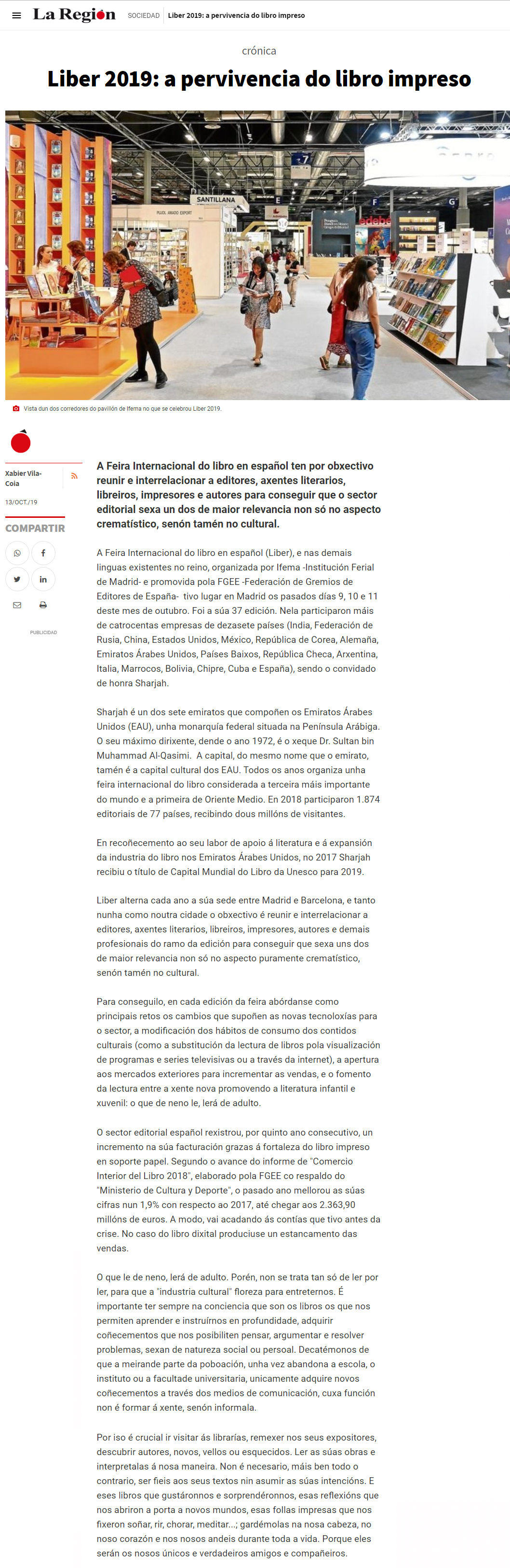 Artigo de Xabier Vila-Coia titulado "Liber 2019: a pervivencia do libro impreso", publicado en La Región e Atlántico Diario o 13 de outubro do 2019.
