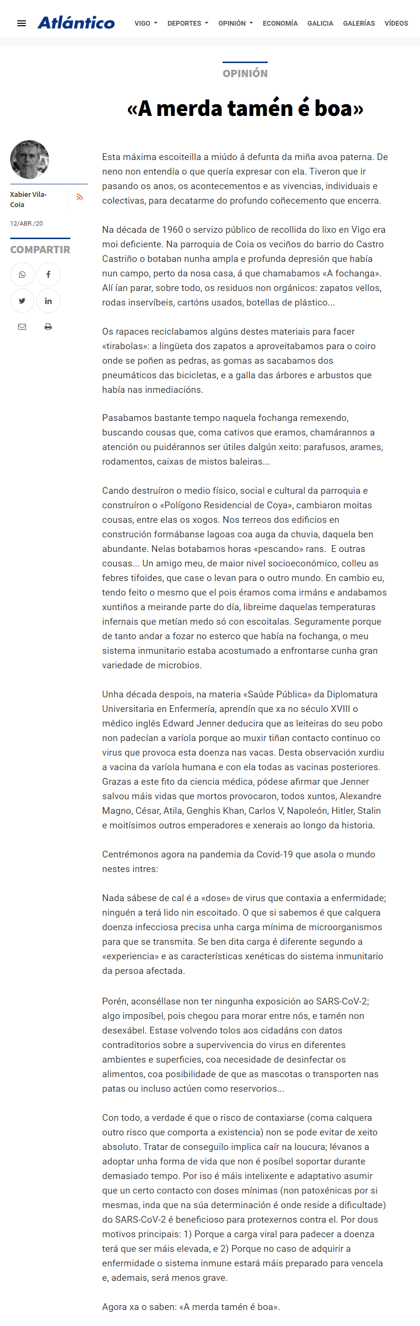 Artigo de opinión de Xabier Vila-Coia titulado "A merda tamén é boa", publicado en varios xornais en abril do ano 2020.