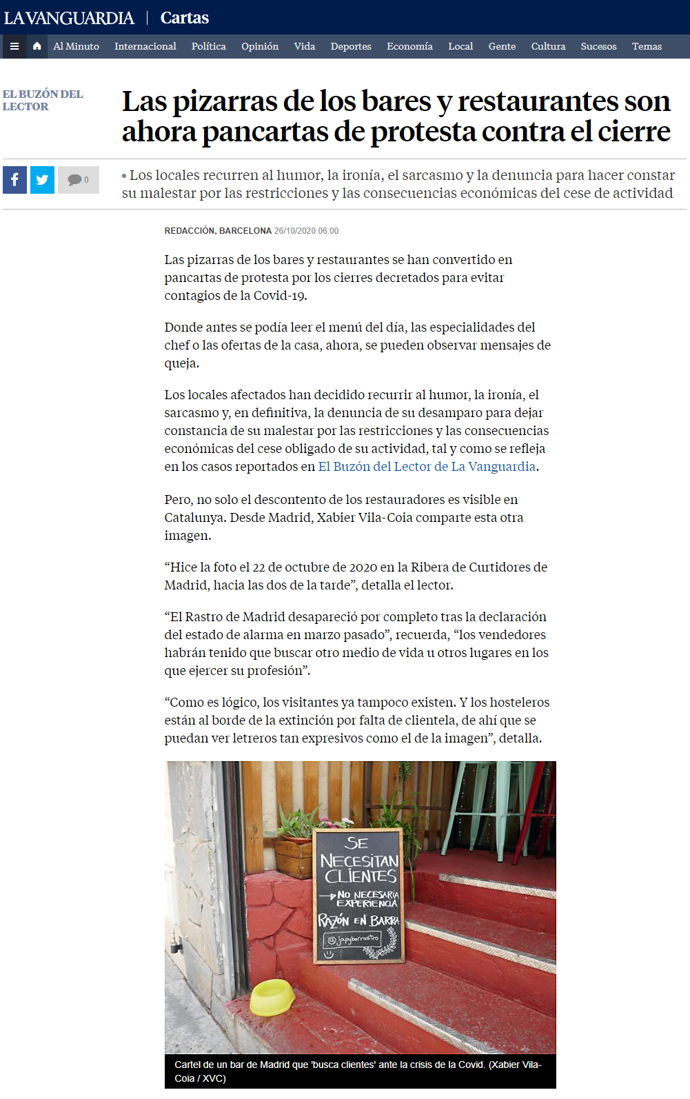 Imagen acompañada de texto, ambos de Xabier Vila-Coia, publicados en la edición digital del diario La Vanguardia el 26 de octubre de 2020.