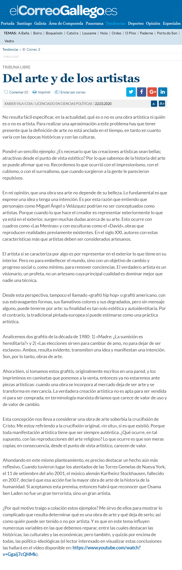 Artículo de opinión de Xabier Vila-Coia titulado "Del arte y de los artistas", pubilicado en marzo de 2020 en Atlántico Diario y en El Correo Gallego.