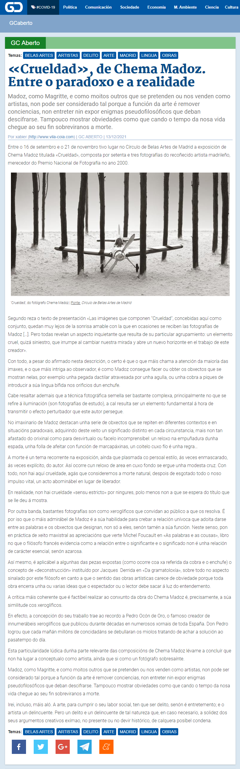 Artigo de Xabier Vila-Coia titulado "Crueldad, de Chema Madoz. Entre o paradoxo e a realidade", publicado no xornal dixital "Galicia Confidencial" o 13 de decembro do 2021.