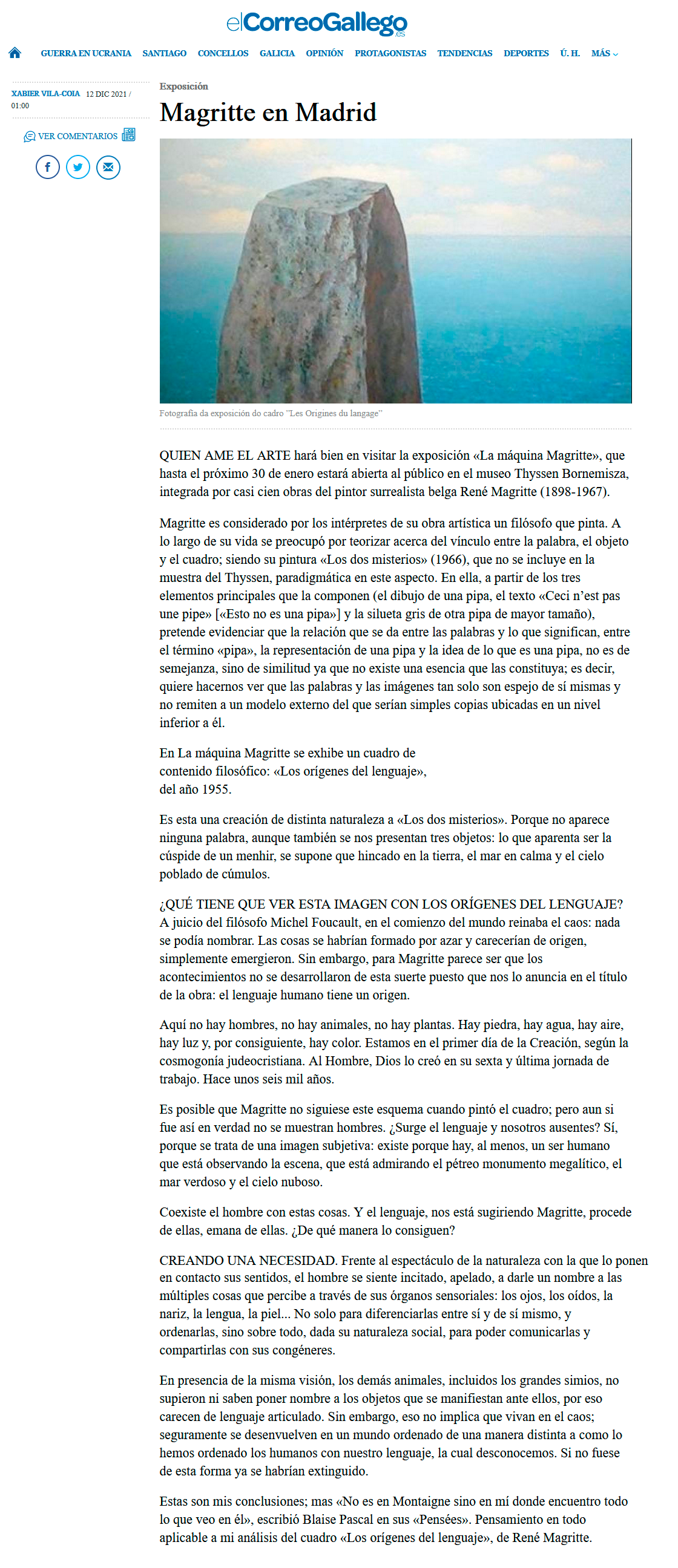 Artigo de opinión de Xabier Vila-Coia titulado "Magritte en Madrid", publicado en El Correo Gallego e en Atlántico Diario o 12 de decembro do 2021.