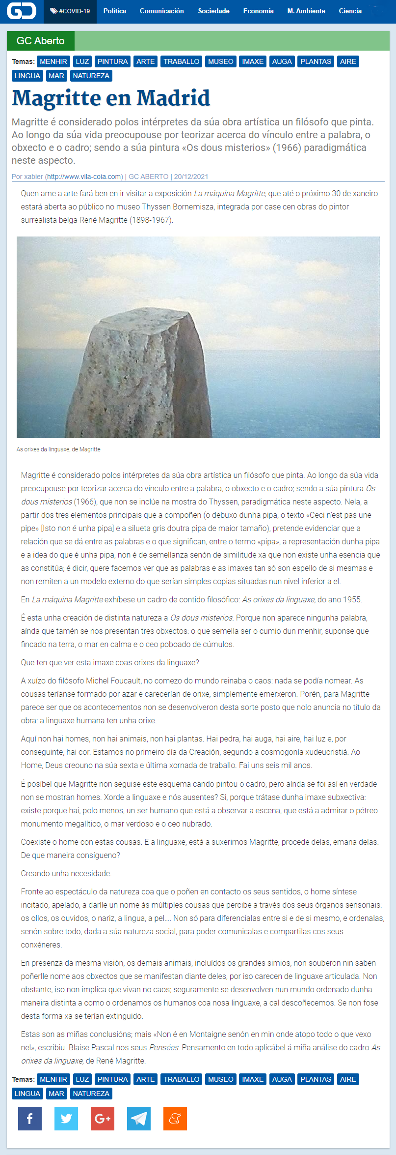 Artigo de XAbier Vila-Coia "Magritte en Madrid", publicado no xornal dixital "Galicia Cofindencial" o 20 de decembro do 2021.
