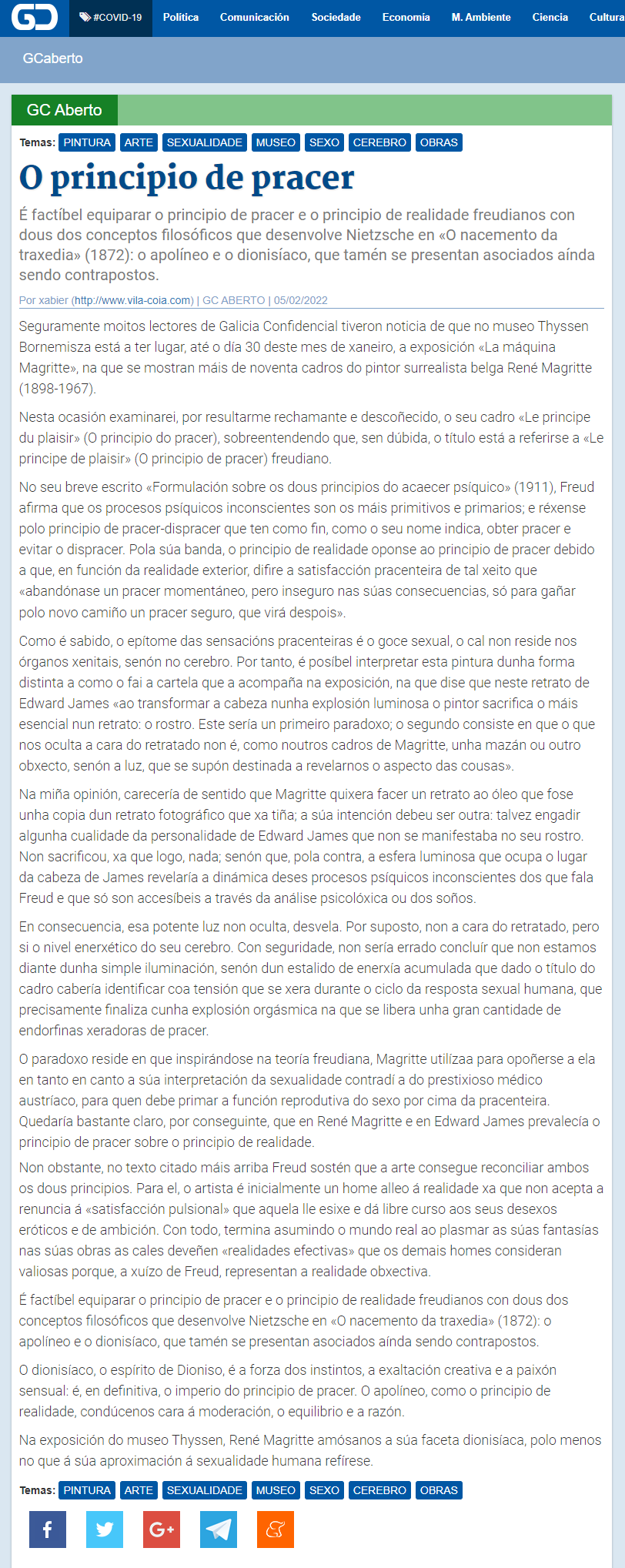 Artigo de Xabier Vila-Coia titulado "O principio de pracer", publicado no xornal dixital "Galicia Cofindencial" o 5 de febreiro do 2022.