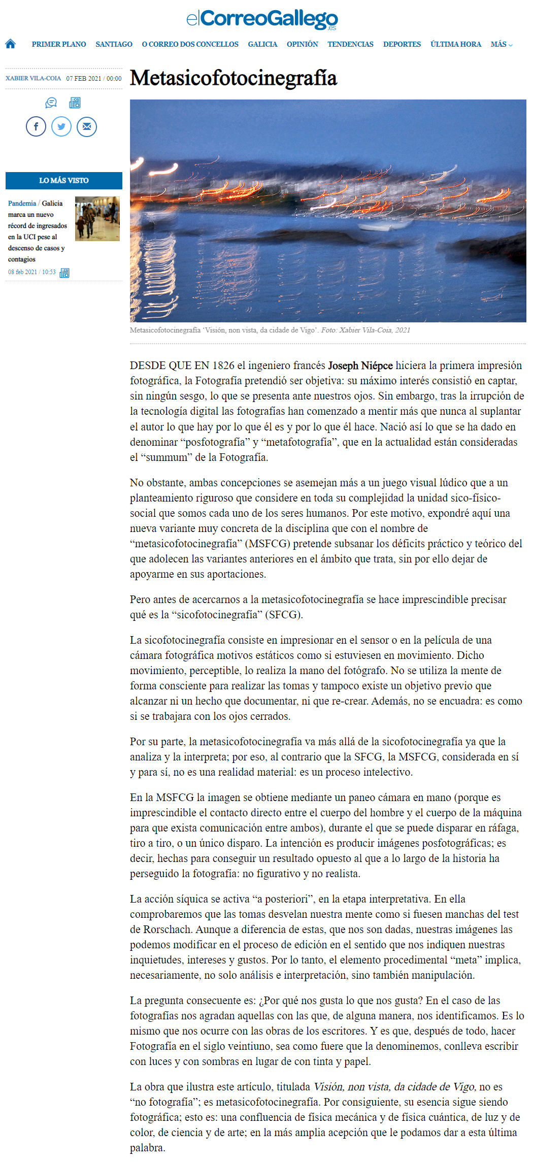 Artículo de opinión de Xabier Vila-Coia titulado "Metasicofotocinegrafía", publicado el 7 de febrero de 2021 en El Correo Gallego y Atlántico Diario.