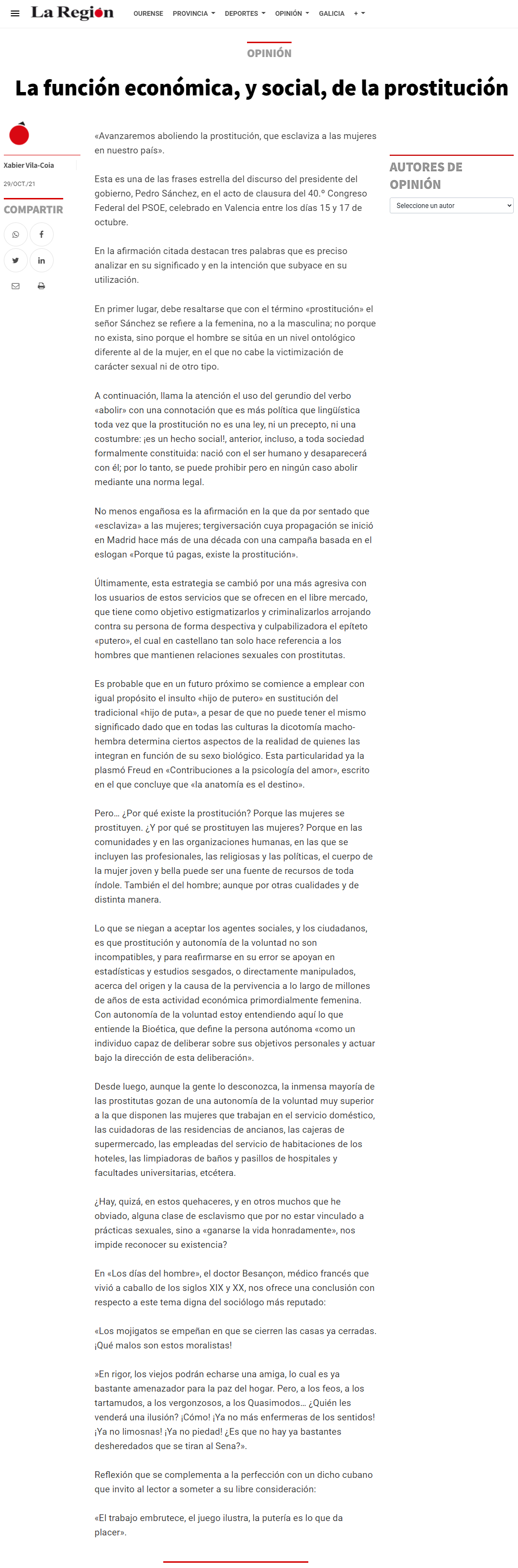 Artigo de opinión de Xabier Vila-Coia, titulado "La función económica, y social, de la prostitución", publicado no xornal "La Región" o 29 de outubro do 2021.