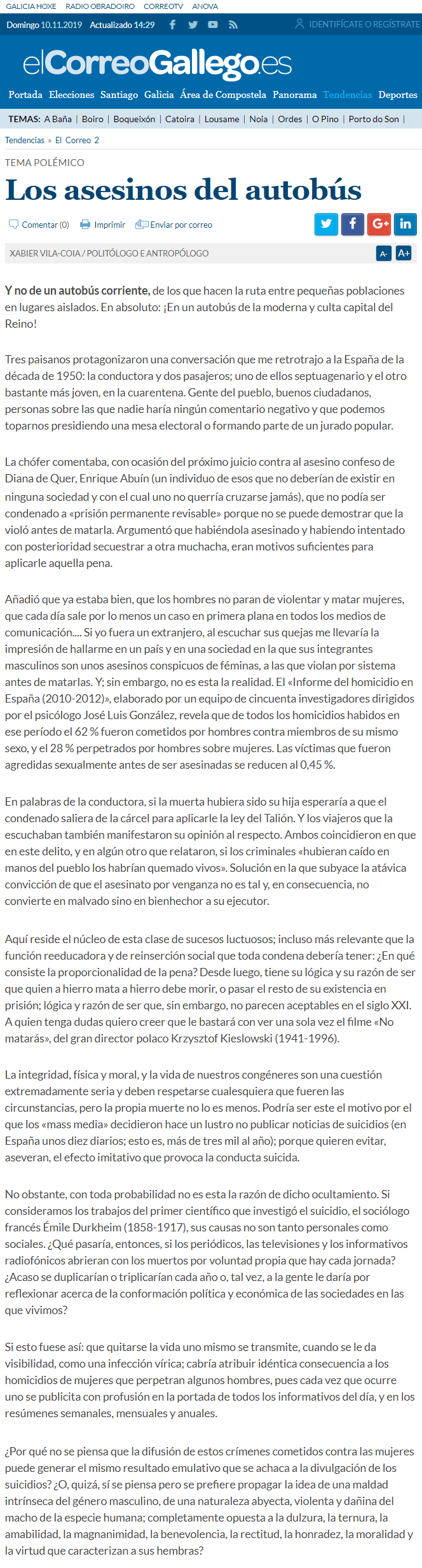 Artículo de Xabier Vila-Coia, titulado "Los asesinos del autobús", publicado el domingo 10 de noviembre de 2019 en diario El Correo Gallego.