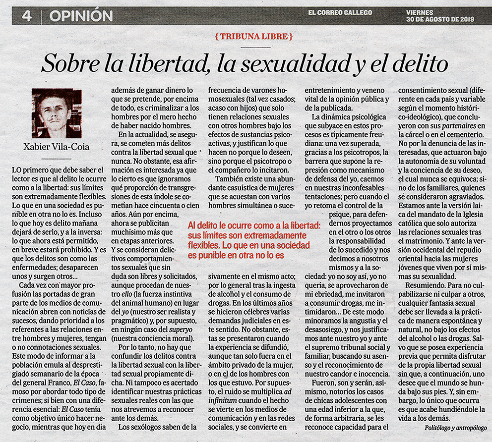 Artículo de opinión de Xabier Vila-Coia titulado "Sobre la libertad, la sexualidad y el delito: una evocación a John Stuart Mill", publicado en varios periódicos en julio y agosto de 2019.