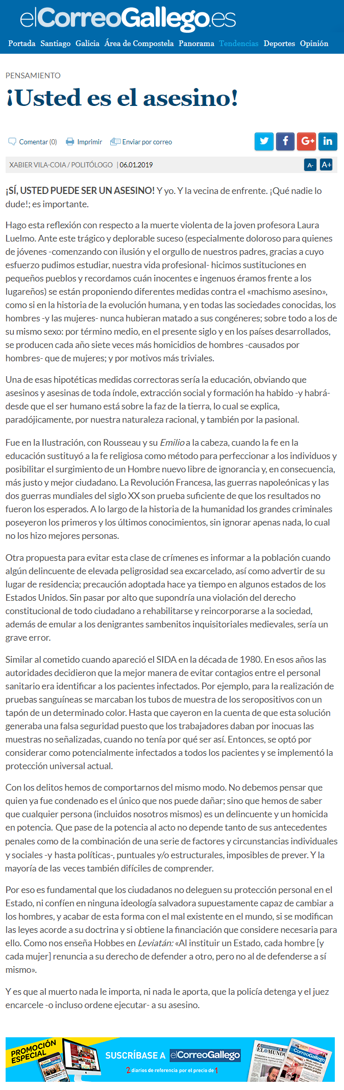 Artículo de Xabier Vila-Coia titulado “¡Usted es el asesino!”, publicado en varios diarios en diciembre de 2018 y enero de 2019.