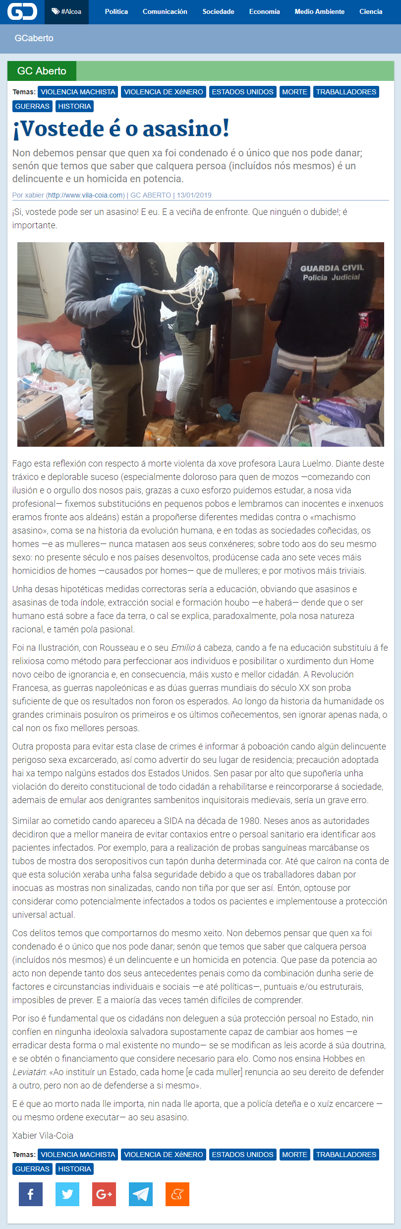 Artigo titulado "¡Vostede é o asasino!",  publicado por Xabier Vila-Coia no xornal dixital galego "Galicia Confidencial" o 13 de xaneiro do 2019.