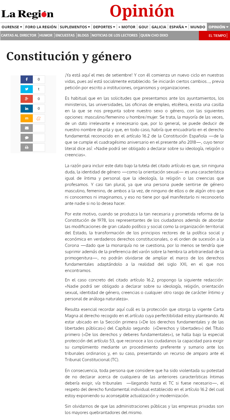 Artículo "Constitución y género", publicado por Xabier Vila-Coia en varios diarios en el mes de setiembre de 2018.