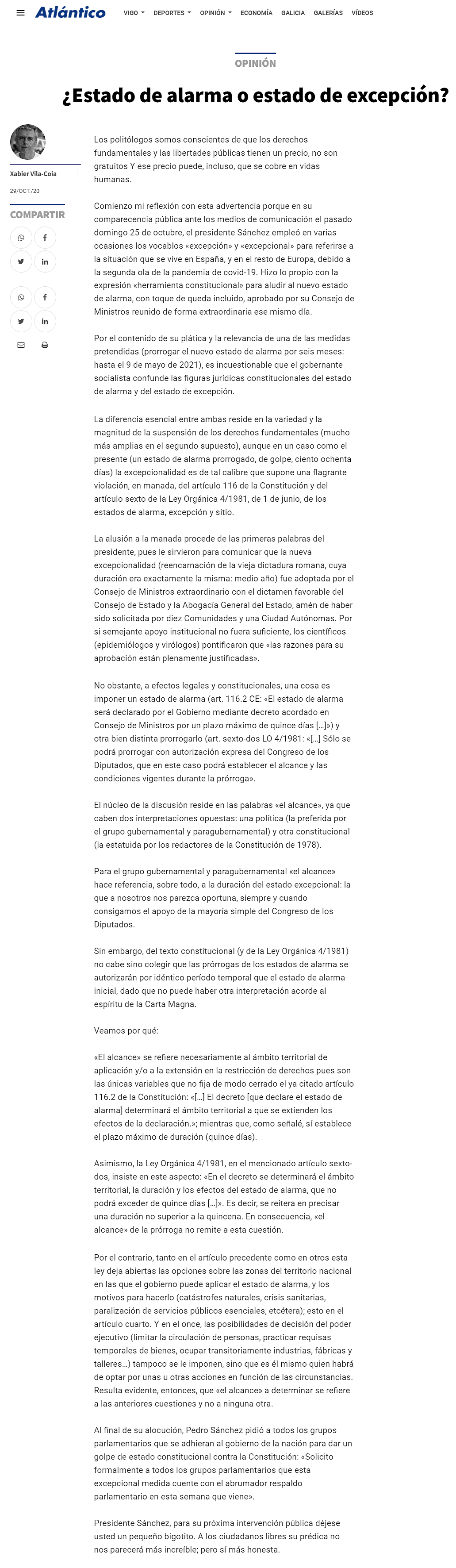 Artículo de opinión de Xabier Vila-Coia, titulado "¿Estado de alarma o estado de excepción?", publicado el 29 de octubre de 2020 en Atlántico Diario, y el 1 de noviembre en El Correo Gallego.