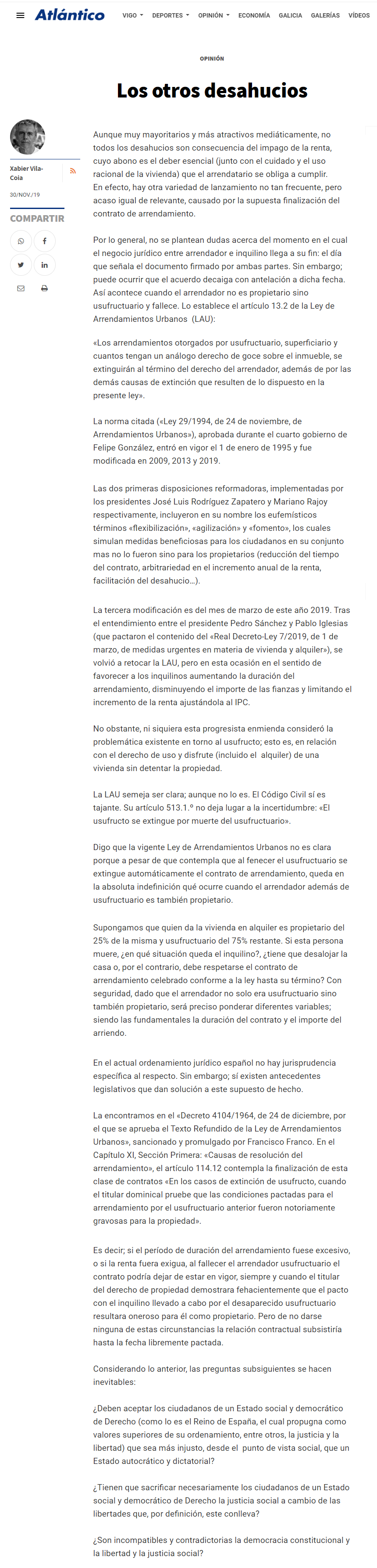 Artículo de Xabier Vila-Coia titulado "Los otros desahucios", publicado en Atlántico Diario el día domingo 1 de diciembre de 2019.