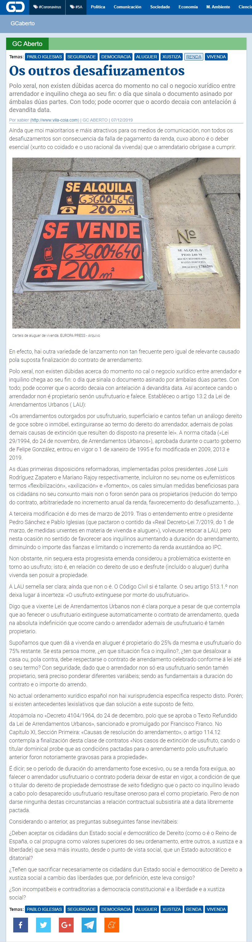 Artigo de opinión de Xabier Vila-Coia titulado "Os outros desafiuzamentos", publicado no xornal dixital en galego "Galicia Confidencial", o sábado 7 de decembro do 2019.