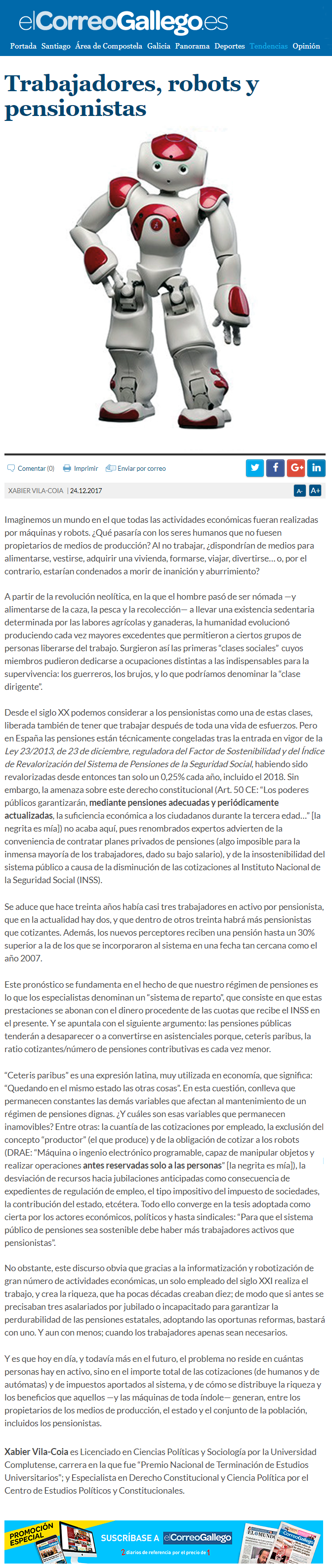 Articulo de Xabier Vila-Coia publicado en varios diarios titulado "Trabajadores, robots y pensionistas"