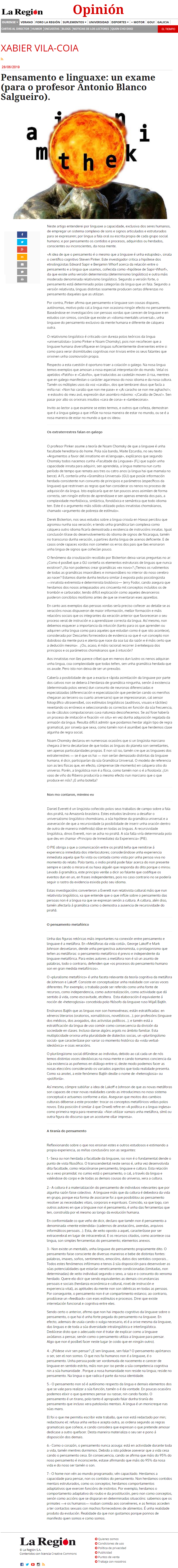 Artigo de opinión de Xabier Vila-Coia titulado "Pensamento e linguaxe", publicado no xornal La Región o 28 de xuño do 2019.