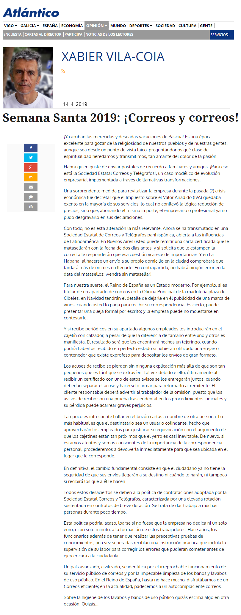 Artículo de Xabier Vila-Coia titulado "Semana Santa 2019: ¡Correos y correos!, publicado en Atlántico Diario el domingo 14 de abril de 2019.