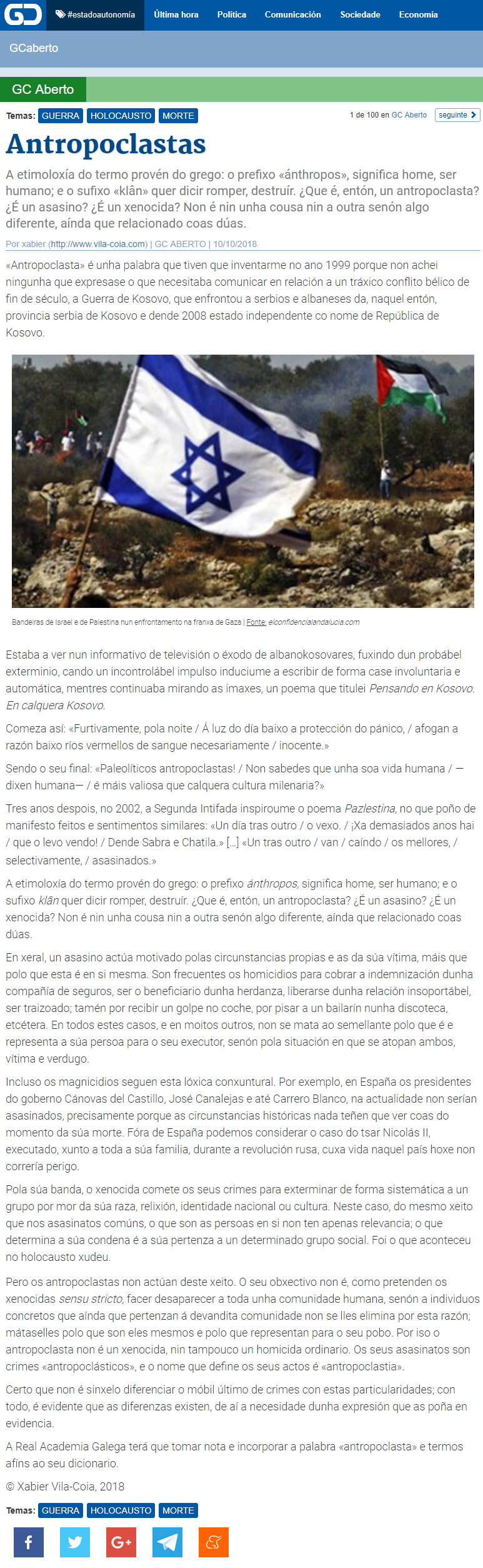 Artigo de Xabier Vila-Coia titulado "Antropoclastas", publicado no xornal dixital en galego "Galicia Confidencial", o 10 de outubro do ano 2018.