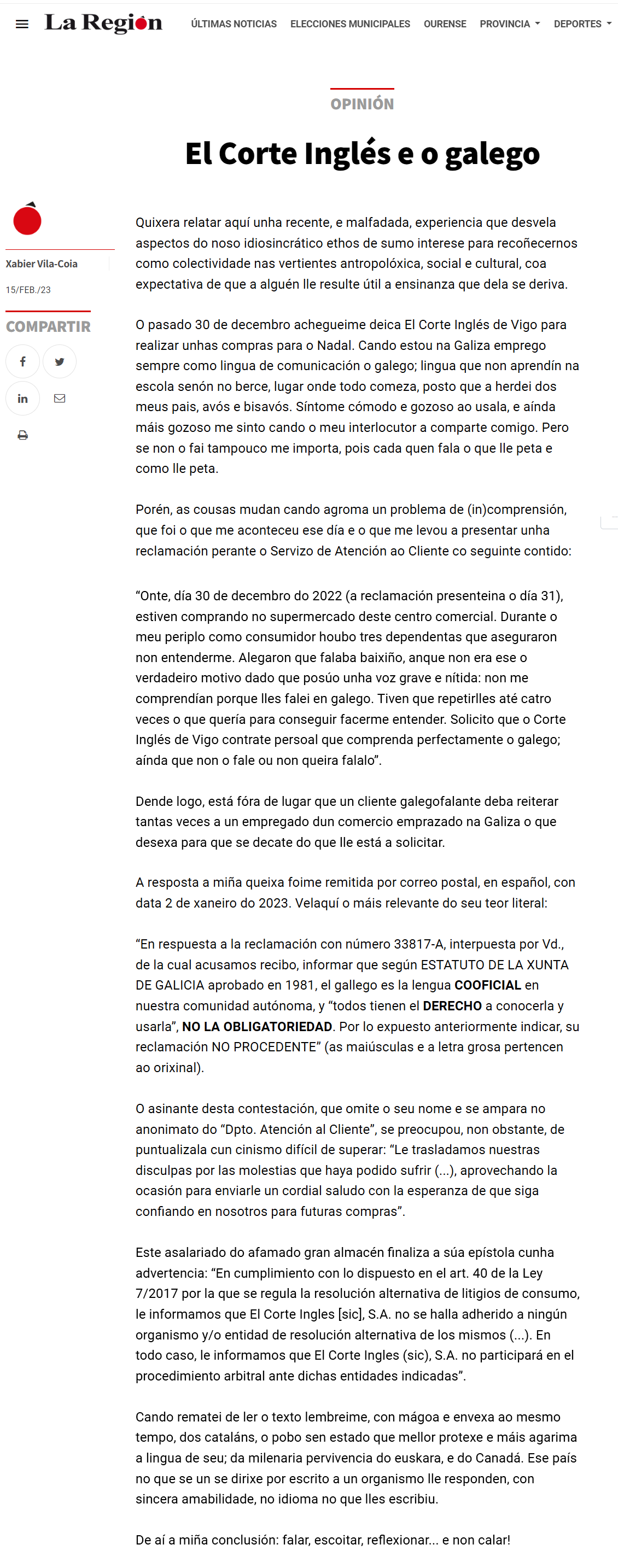 Artigo de Xabier Vila-Coia titulado "El Corte Inglés e o galego", publicado nos xornais Atlántico Diario, La Región e Galicia Confidencial no mes de febreiro do 2023.