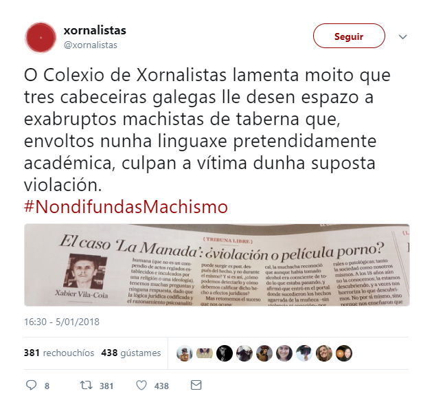 Reacción del “Colexio Profesional de Xornalistas de Galicia”