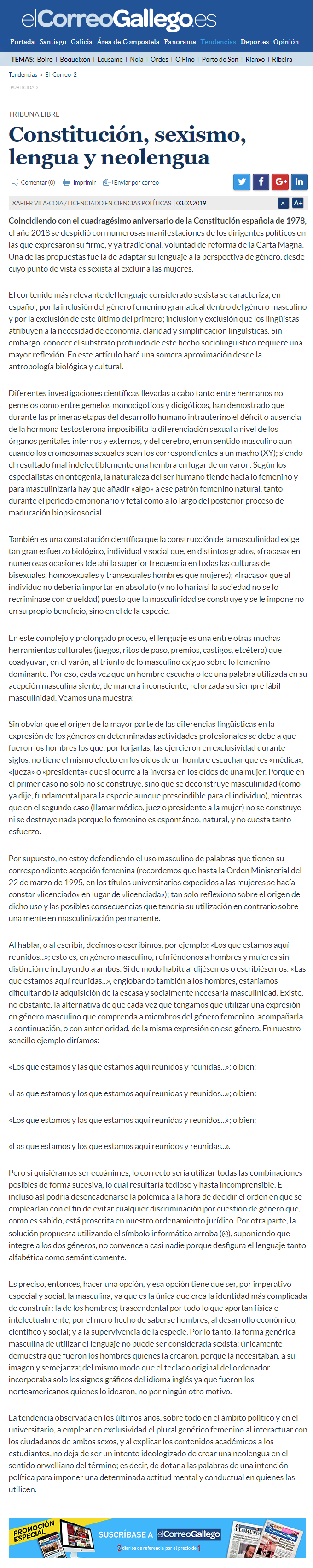 Artículo de Xabier Vila-Coia, titulado "Constitución, sexismo, lengua y neolengua", publicado en varios periódicos en enero y febrero de 2019.