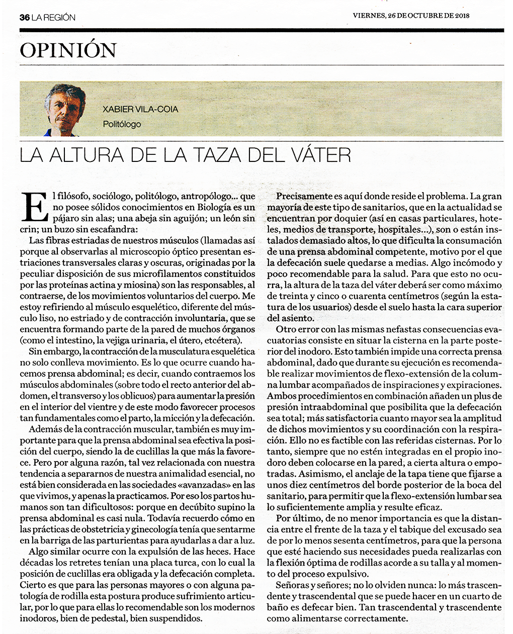Artículo de opinión de Xabier Vila-Coia, titulado "La altura de la taza del váter", publicado en los diarios La Región y Atlántico en el mes de octubre de 2018.
