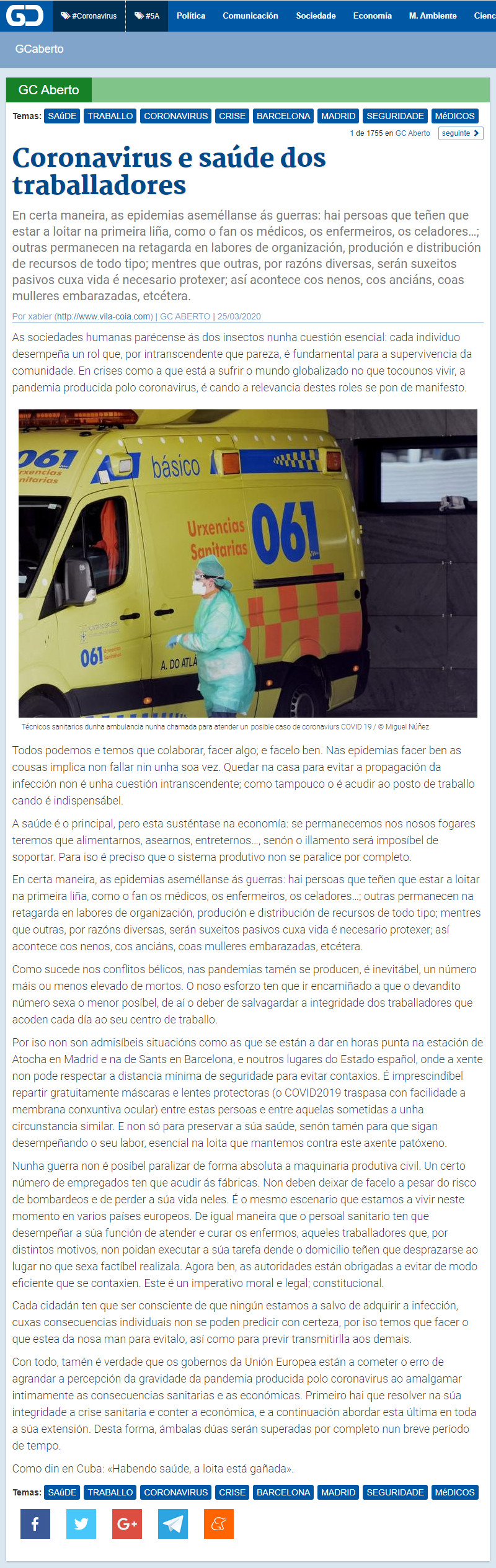 Artigo de opinión de Xabier Vila-Coia titulado "Coronavirus e saúde dos traballadores", publicado no xornal dixital "Galicia Confidencial" o 25 de marzo do 2020.