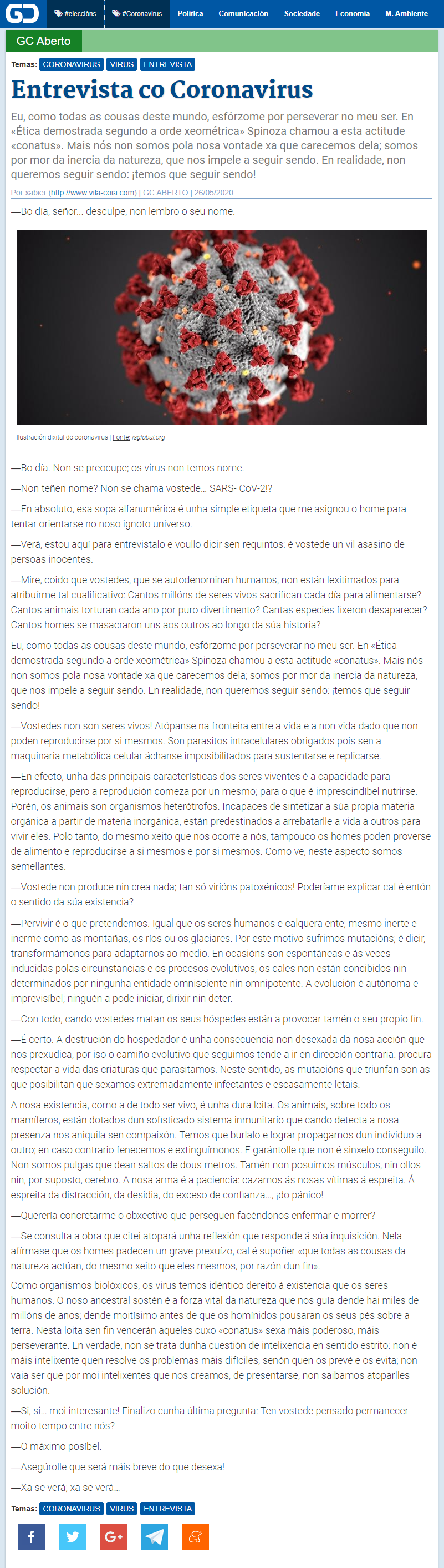 Artigo de opinión de Xabier Vila-Coia titulado "Entrevista co Coronavirus" publicado no xornal dixital en galego "Galicia Confidencial", o 26 de maio do 2020.